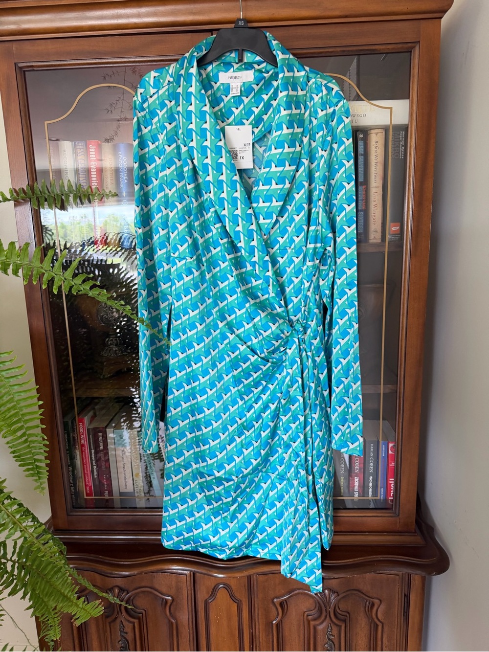 Forever 21 Teal Geometric Wrap Dress with White Accent